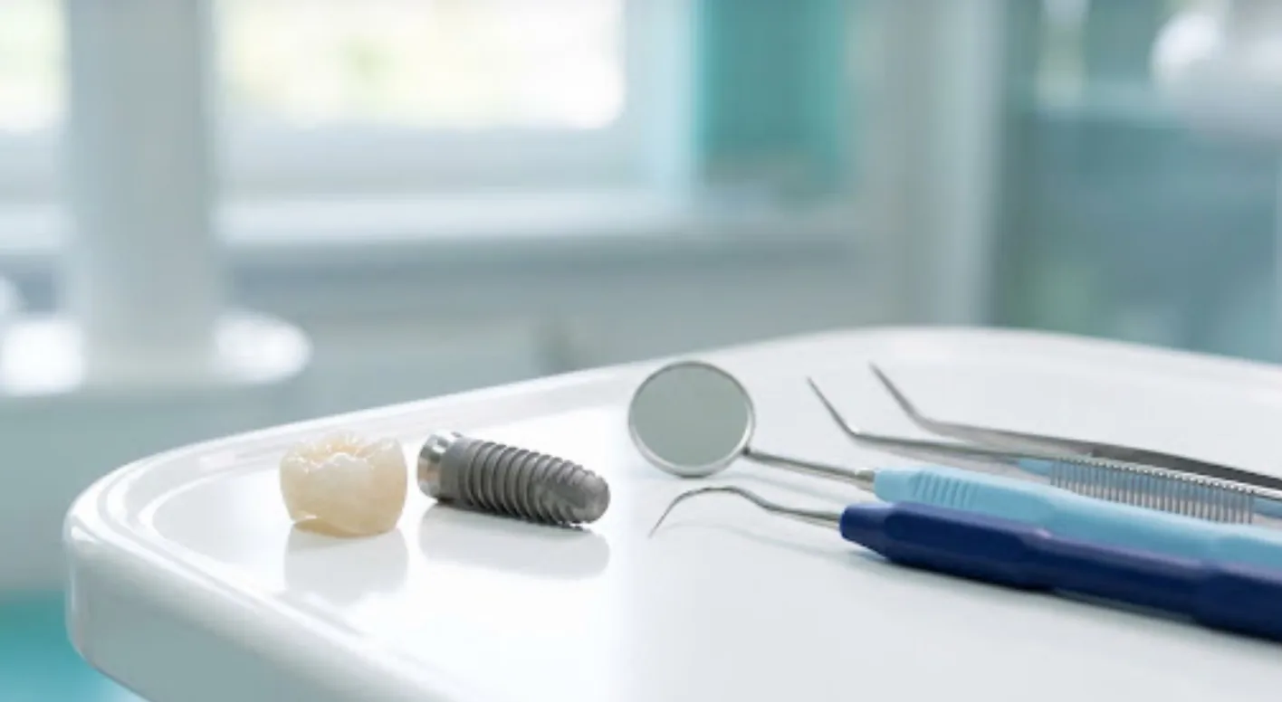 Coroană ceramică și implant dentar pe masă clinică